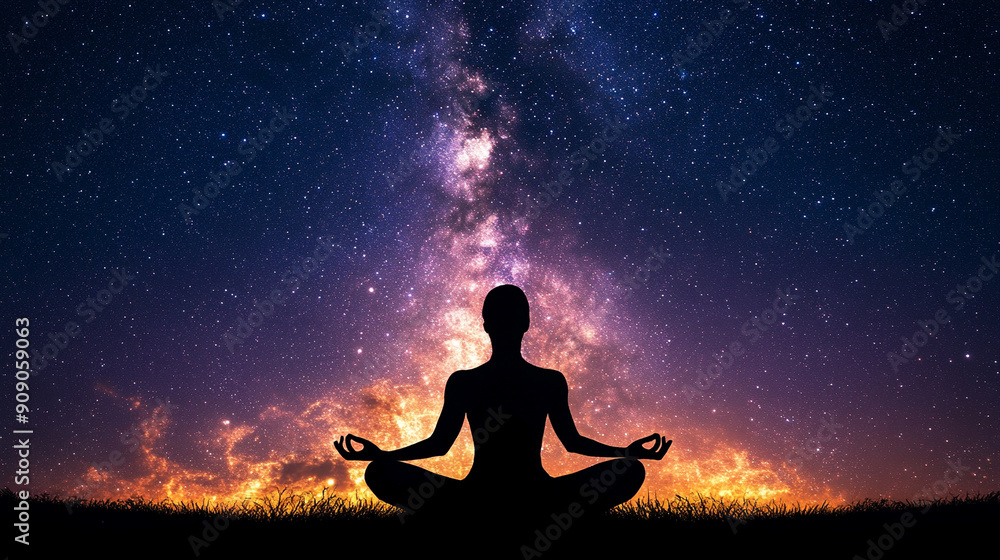serene silhouette of a person meditating against a vibrant sunset backdrop, symbolizing peace, introspection, and connection with nature. The tranquil scene evokes a sense of mindfulness and spiritual serene silhouette of a person meditating against a vibrant sunset backdrop, symbolizing peace, introspection, and connection with nature. The tranquil scene evokes a sense of mindfulness and spiritual