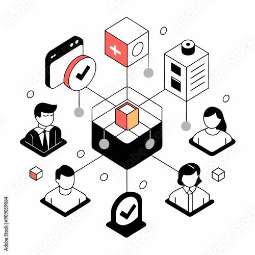 Isometric illustration of compliance concept, featuring interconnected lines and 3D icons.