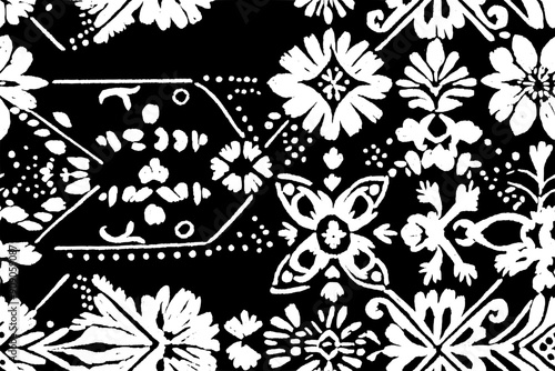 Embroidery pattern with interlocking geometric shapes and floral motifs, seamless pattern vector