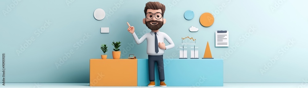 Cheerful character presenting ideas in a modern workspace, surrounded by plants and colorful decorations, perfect for business concepts. Cheerful character presenting ideas in a modern workspace, surrounded by plants and colorful decorations, perfect for business concepts.