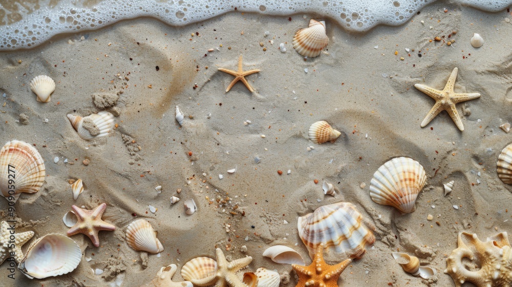 Fototapeta premium The sandy beach is adorned with an array of seashells and starfish, showcasing the beauty of marine life against the backdrop of frothy ocean waves.