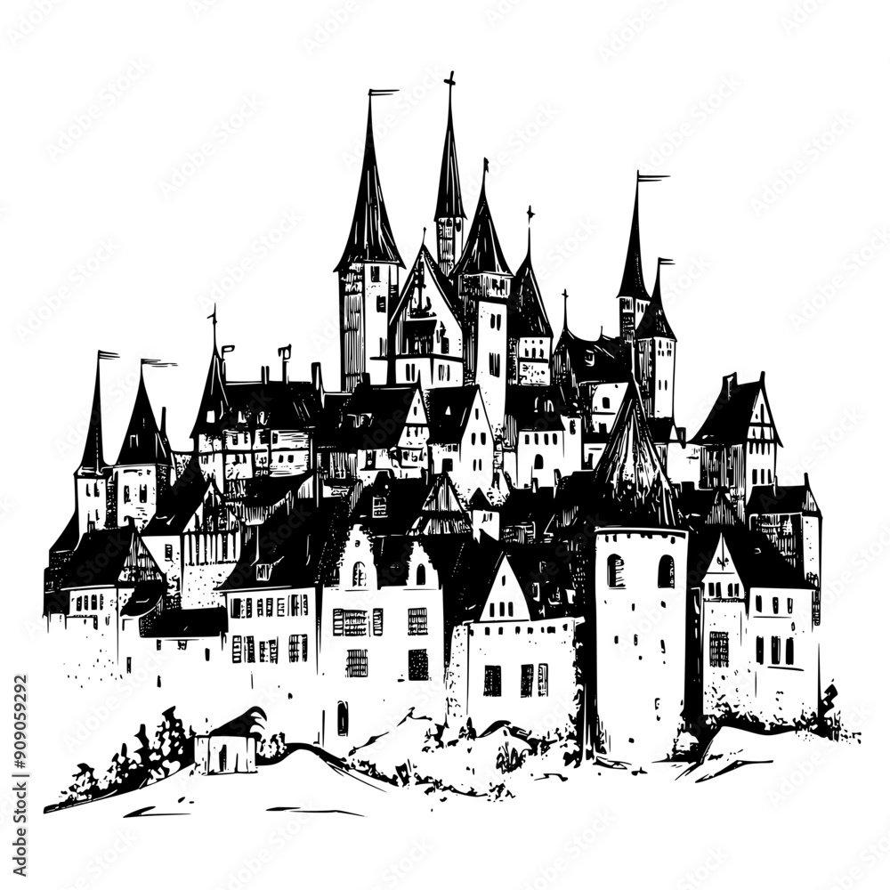 Image of a medieval European city with tall spires, castle walls, and clustered homes, vector illustration art Image of a medieval European city with tall spires, castle walls, and clustered homes, vector illustration art
