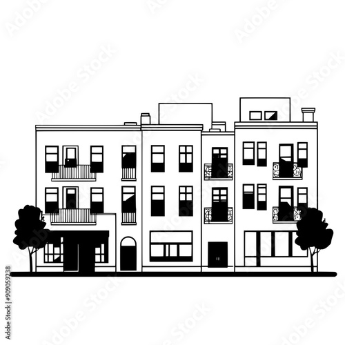 Urban residential street with mixed-use buildings, storefronts at ground level, apartments above, vector illustration art