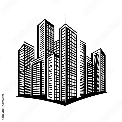 Urban landscape with tall buildings, glass facades, angular rooflines, vector illustration art