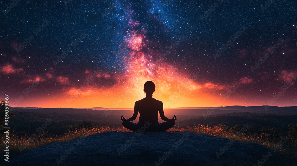 serene silhouette of a person meditating against a vibrant sunset backdrop, symbolizing peace, introspection, and connection with nature. The tranquil scene evokes a sense of mindfulness and spiritual serene silhouette of a person meditating against a vibrant sunset backdrop, symbolizing peace, introspection, and connection with nature. The tranquil scene evokes a sense of mindfulness and spiritual