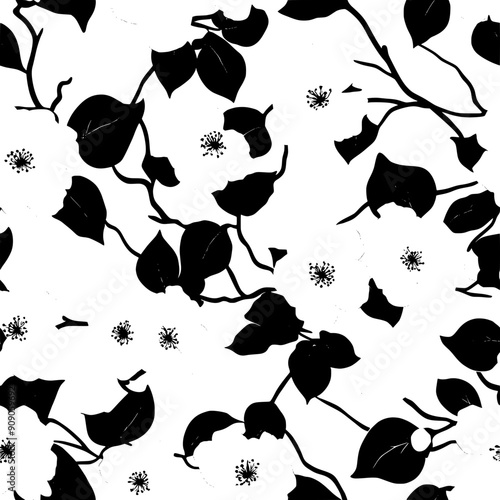 Blossoms with vines and leaves, a tranquil representation of nature's transition, seamless pattern vector