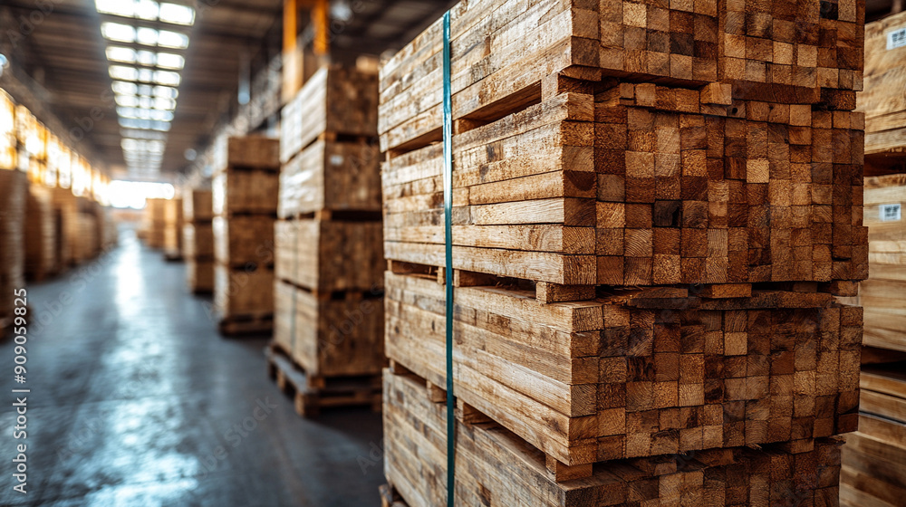 Stacks of wooden planks neatly arranged in a sunlit warehouse, showcasing their rich textures and colors. The sunlight streaming through the windows adds warmth and highlights the natural beauty of th Stacks of wooden planks neatly arranged in a sunlit warehouse, showcasing their rich textures and colors. The sunlight streaming through the windows adds warmth and highlights the natural beauty of th