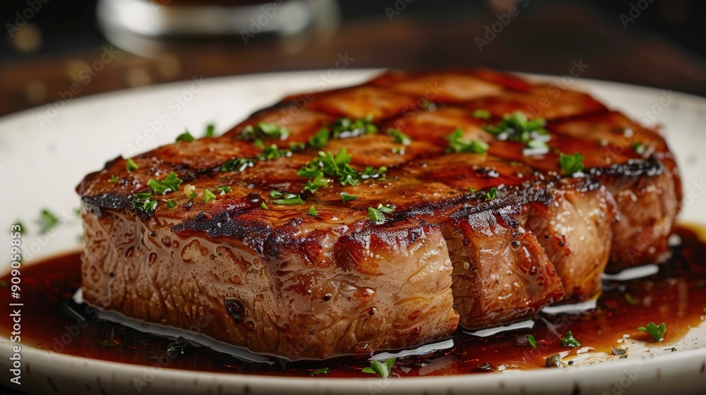 Closeup Photo of Juicy Grilled Steak with Parsley Garnish Closeup Photo of Juicy Grilled Steak with Parsley Garnish