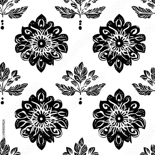 Decorative florals with festive petals and intricate, folk-inspired leaf designs, seamless pattern vector