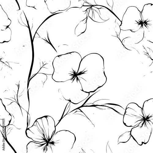 Delicate blossoms with curvilinear petals and harmonious leaf arrangements, seamless pattern vector