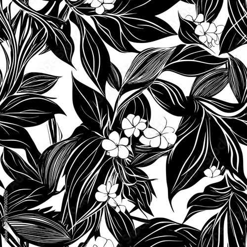 Dense thickets of tropical leaves, intertwined with delicate buds and flowers, seamless pattern vector