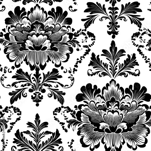 Elaborate flowers with detailed petal designs and bold, traditional leaf motifs, seamless pattern vector