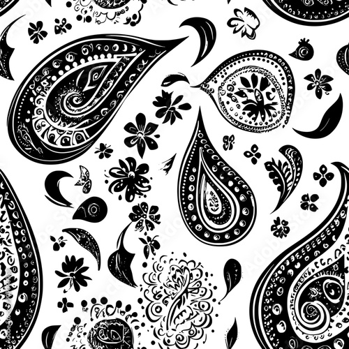 Elaborate paisley shapes interspersed with floral elements, rich decorative patterns within each teardrop, seamless pattern vector