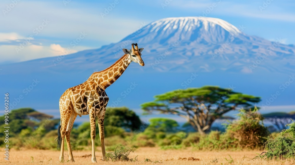 Obraz premium Majestic giraffe standing on the savannah with Mount Kilimanjaro in the background.
