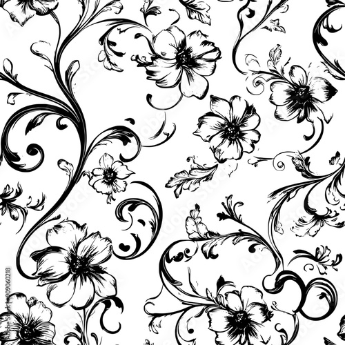 Elegant florals with ornate, finely detailed blooms and scrolling foliage, seamless pattern vector