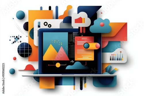 Colorful digital composition featuring a laptop surrounded by abstract elements, illustrating creativity and technology integration.