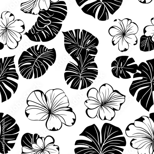 Exotic blooms with bold petals and an abundance of lush, tropical leaves, seamless pattern vector