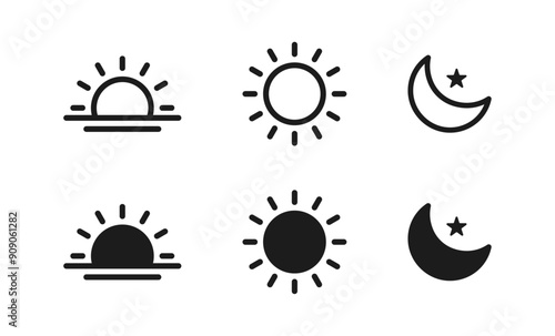 Sun moon icon illustration isolated vector sign symbol.Time of the day signs. silhouette icons. Morning and night. Day and night weather forecast symbol. Rising and setting sun, crescent moon and star