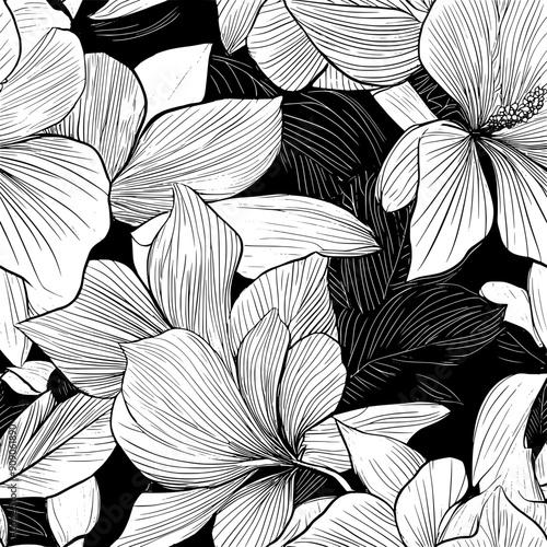 Stylized botanicals with intricate petal structures, set against a background of lush leaves, seamless pattern vector