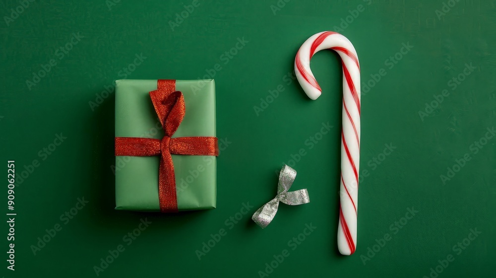Fototapeta premium Christmas Gift and Candy Cane on Green Background