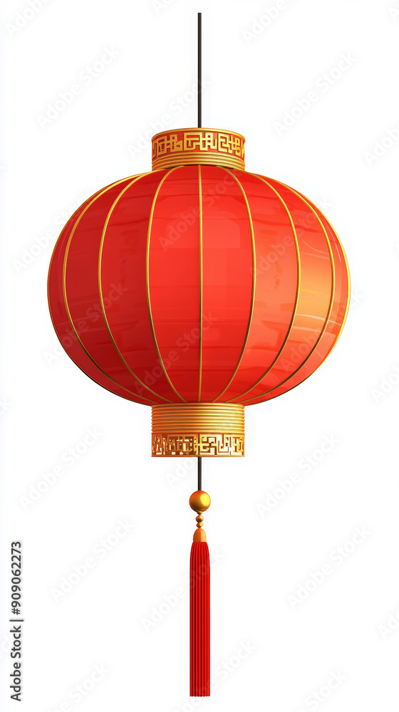 Obraz premium Red Chinese Lantern: A traditional red Chinese lantern with gold accents and a tassel, hanging against a white background. It's a perfect symbol of good fortune and celebration.