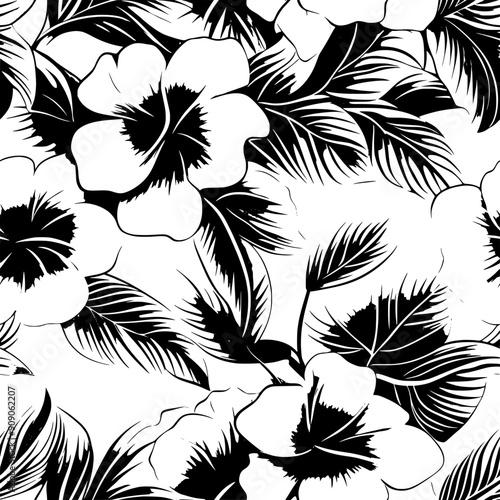 Tropical blossoms with prominent, dramatic petals and rich, dense leaf arrangements, seamless pattern vector