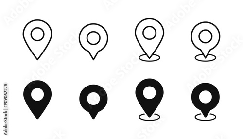 Location marker, map pin icon set. Flat icon set of location and map pins. Map pin place marker. Location pointer icon symbol in flat style. Position symbol. Point illustration sign collection