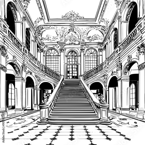 Baroque palace with grand staircase, numerous windows, and elaborate details, vector illustration art