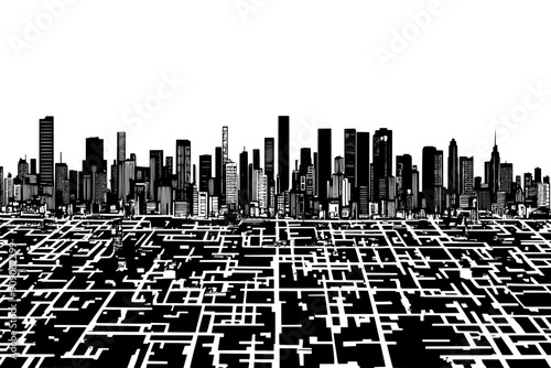 Broad view of a city showing dense residential areas, industrial zones, and a central business district, vector illustration art