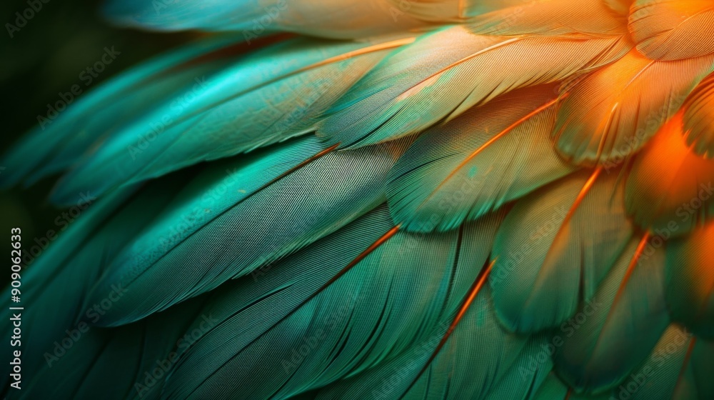 Fototapeta premium A detailed and colorful close-up of feathers in vivid green and orange hues, capturing their delicate and intricate patterns, symbolizing beauty and nature's elegance.