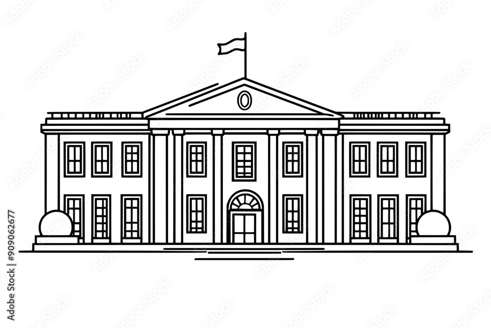 Fototapeta premium A consulate building with a secure entrance, prominent flagpoles, and multiple security features, vector illustration art