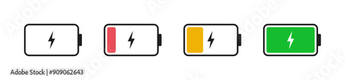 Battery charge indicator icons set. Phone charge level, colorful collection of charge power. Discharged and fully charged battery. Battery charge from high to low. From 0 to 100% from red to green.