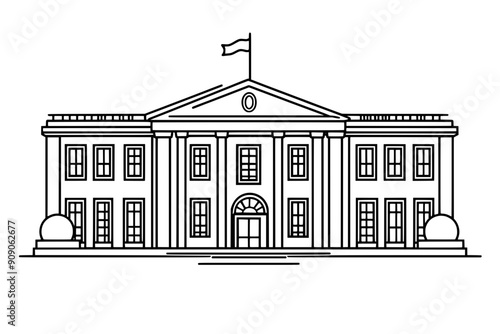 A consulate building with a secure entrance, prominent flagpoles, and multiple security features, vector illustration art