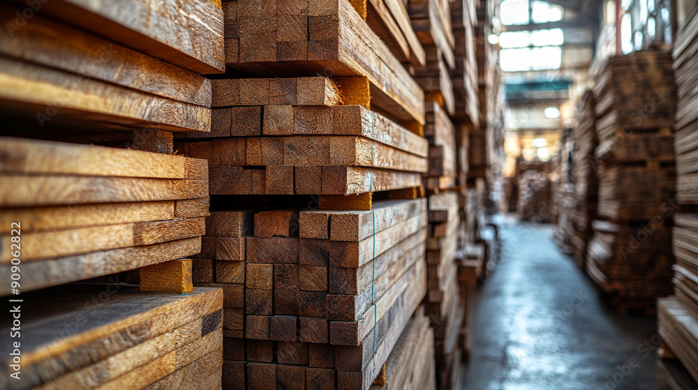 Stacks of wooden planks neatly arranged in a sunlit warehouse, showcasing their rich textures and colors. The sunlight streaming through the windows adds warmth and highlights the natural beauty of th Stacks of wooden planks neatly arranged in a sunlit warehouse, showcasing their rich textures and colors. The sunlight streaming through the windows adds warmth and highlights the natural beauty of th