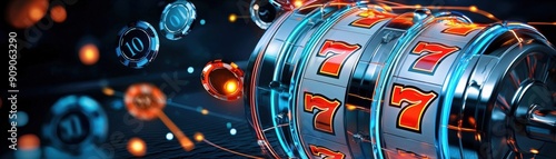 Vibrant close-up of a slot machine, showcasing spinning reels with lucky sevens and dynamic light effects for exciting gaming visuals.