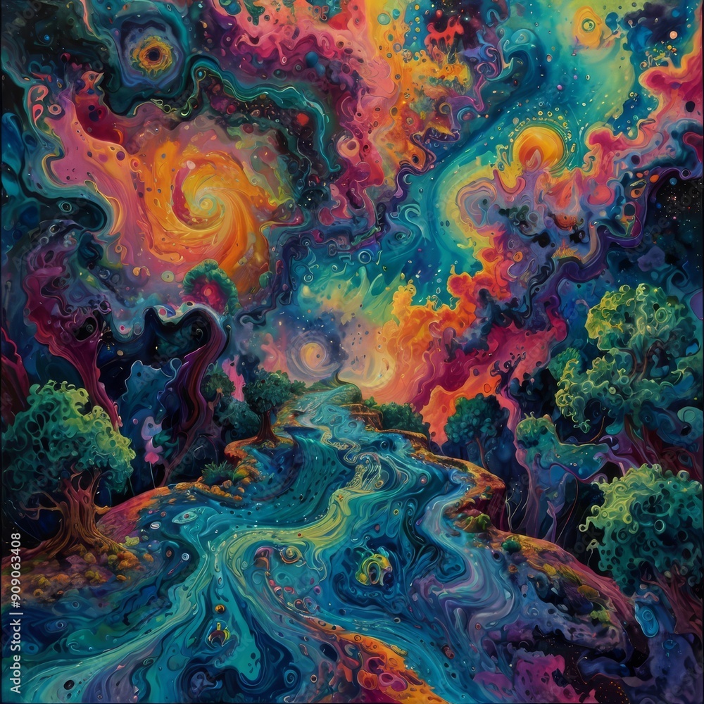 Naklejka premium Vibrant, impressionistic painting featuring a winding path through a forest. The layout is horizontal, with the path curving from the bottom center to the upper right. 