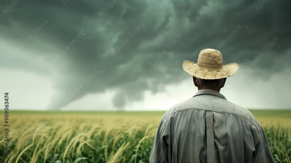 A farmer installing windbreaks to protect crops from strong winds A farmer installing windbreaks to protect crops from strong winds