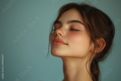 A close up of a girl's face with her eyes closed