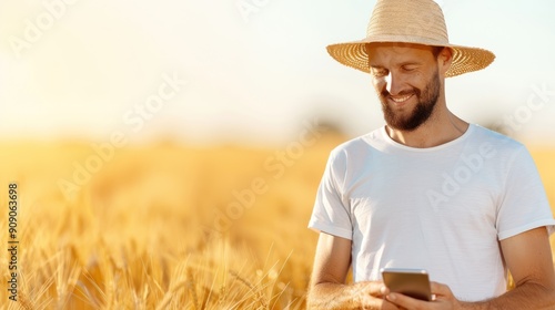 Obraz na płótnie A farmer looking at market prices on a smartphone, concerned about low crop prices w salonie