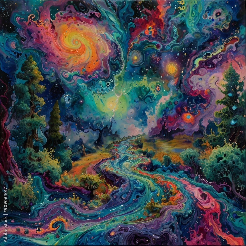 Fototapeta premium Vibrant, impressionistic painting featuring a winding path through a forest. The layout is horizontal, with the path curving from the bottom center to the upper right. 