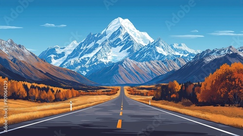 Autumn Snowcapped Mountain Road