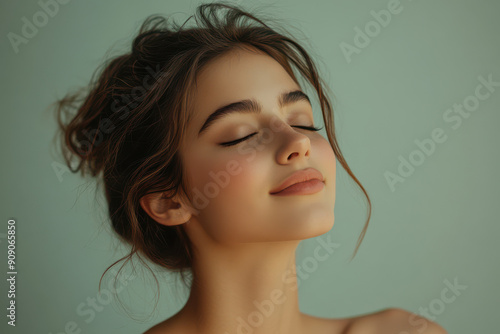 A close up of a girl's face with her eyes closed