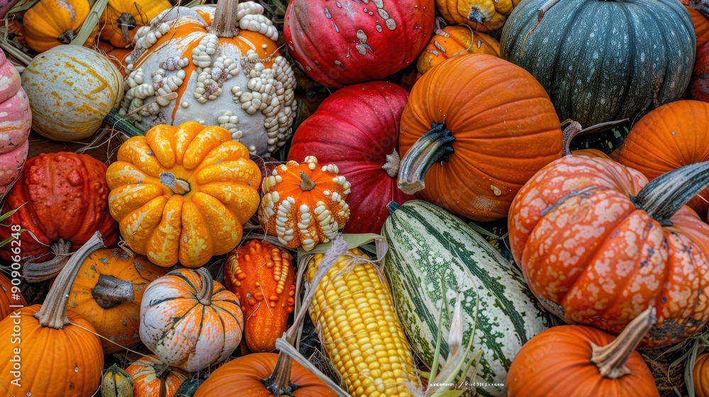 Vibrant Autumn Harvest: Pumpkins, Gourds, and Corn Display Vibrant Autumn Harvest: Pumpkins, Gourds, and Corn Display
