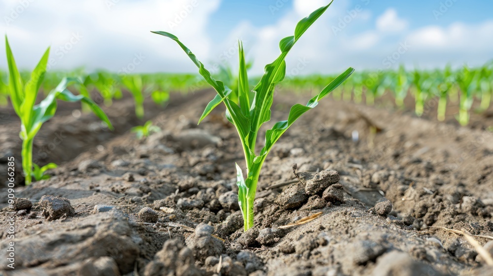 A field with crops showing signs of water stress due to poor water management A field with crops showing signs of water stress due to poor water management