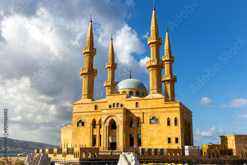 Al Shokr mosque  with blue dome and four minaret in the city of Tripoli. Republic of Lebanon photo