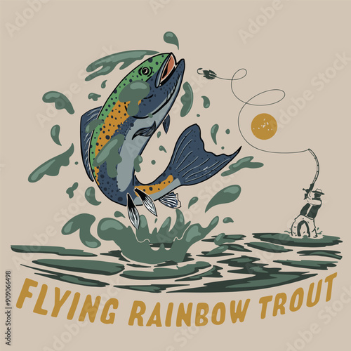 semi vintage vector design silhouette of a man fishing for trout