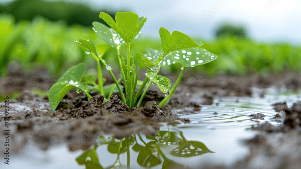 A field with waterlogged soil and plants struggling to stay upright A field with waterlogged soil and plants struggling to stay upright