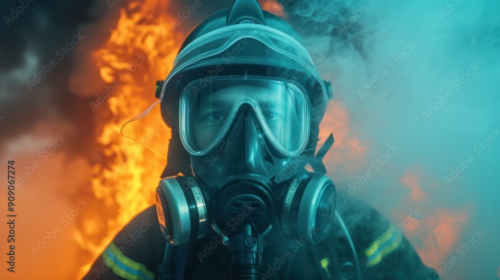 A firefighter in protective clothing, rescuing a person from a smoke-filled room A firefighter in protective clothing, rescuing a person from a smoke-filled room