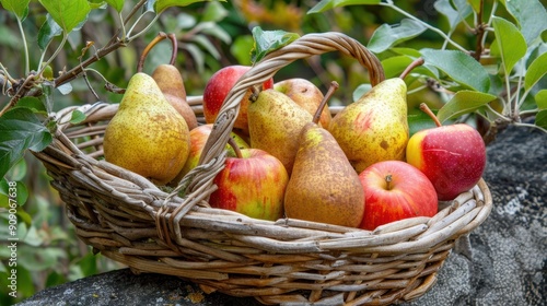 Harvest Bounty - Freshly Picked Apples and Pears in a Rustic Basket