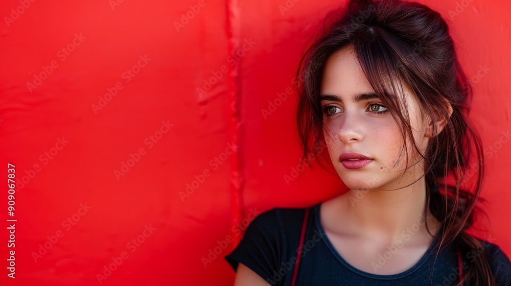 A young woman with long hair poses against a bright red wall, wearing a black top and gazing thoughtfully to the side A young woman with long hair poses against a bright red wall, wearing a black top and gazing thoughtfully to the side
